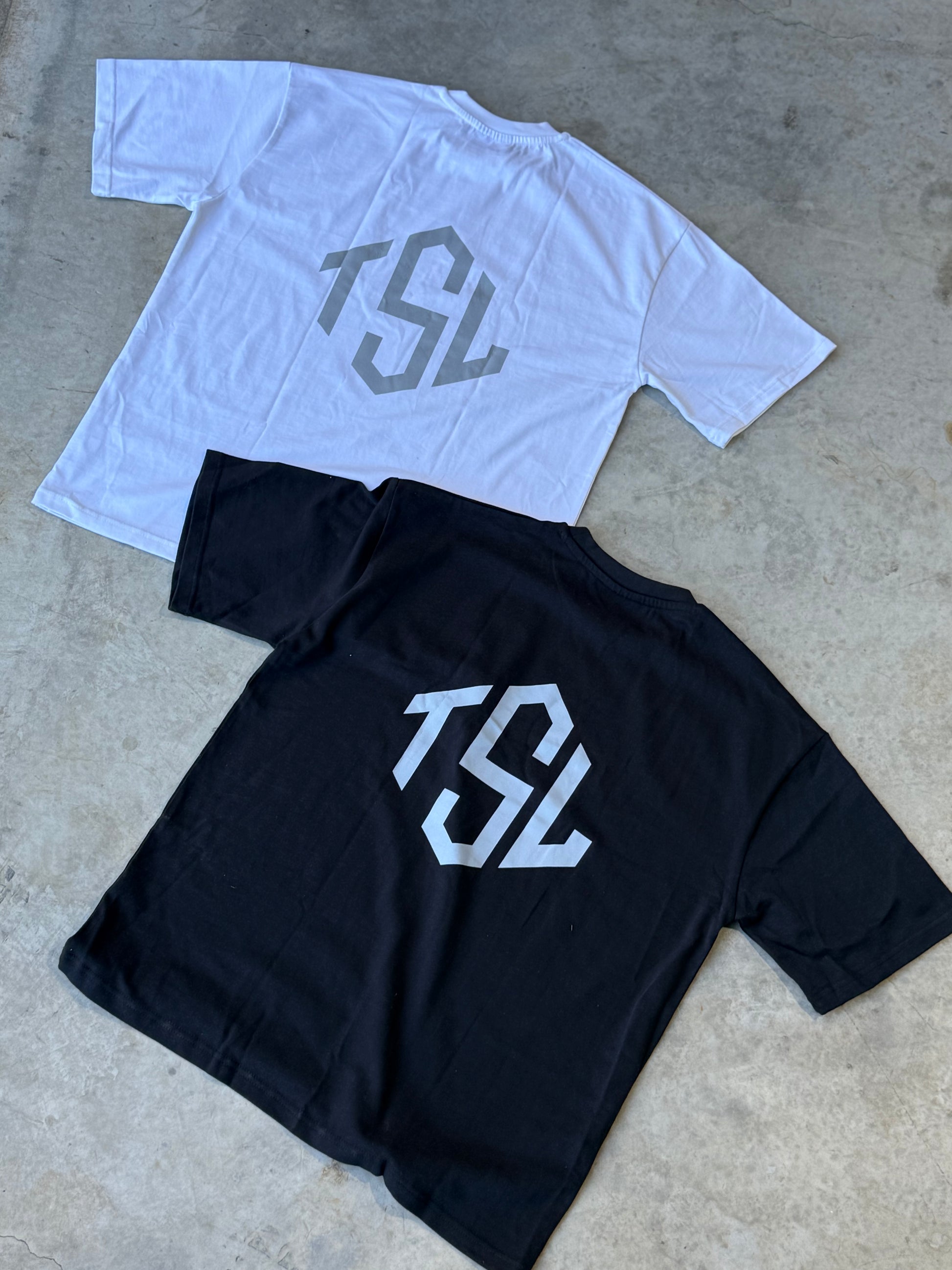 TSL Oversized Tee White and black laid flat backside  – heavyweight cotton gym t-shirt in streetwear style from Australian activewear brand