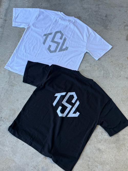 TSL Oversized Tee White and black laid flat backside  – heavyweight cotton gym t-shirt in streetwear style from Australian activewear brand