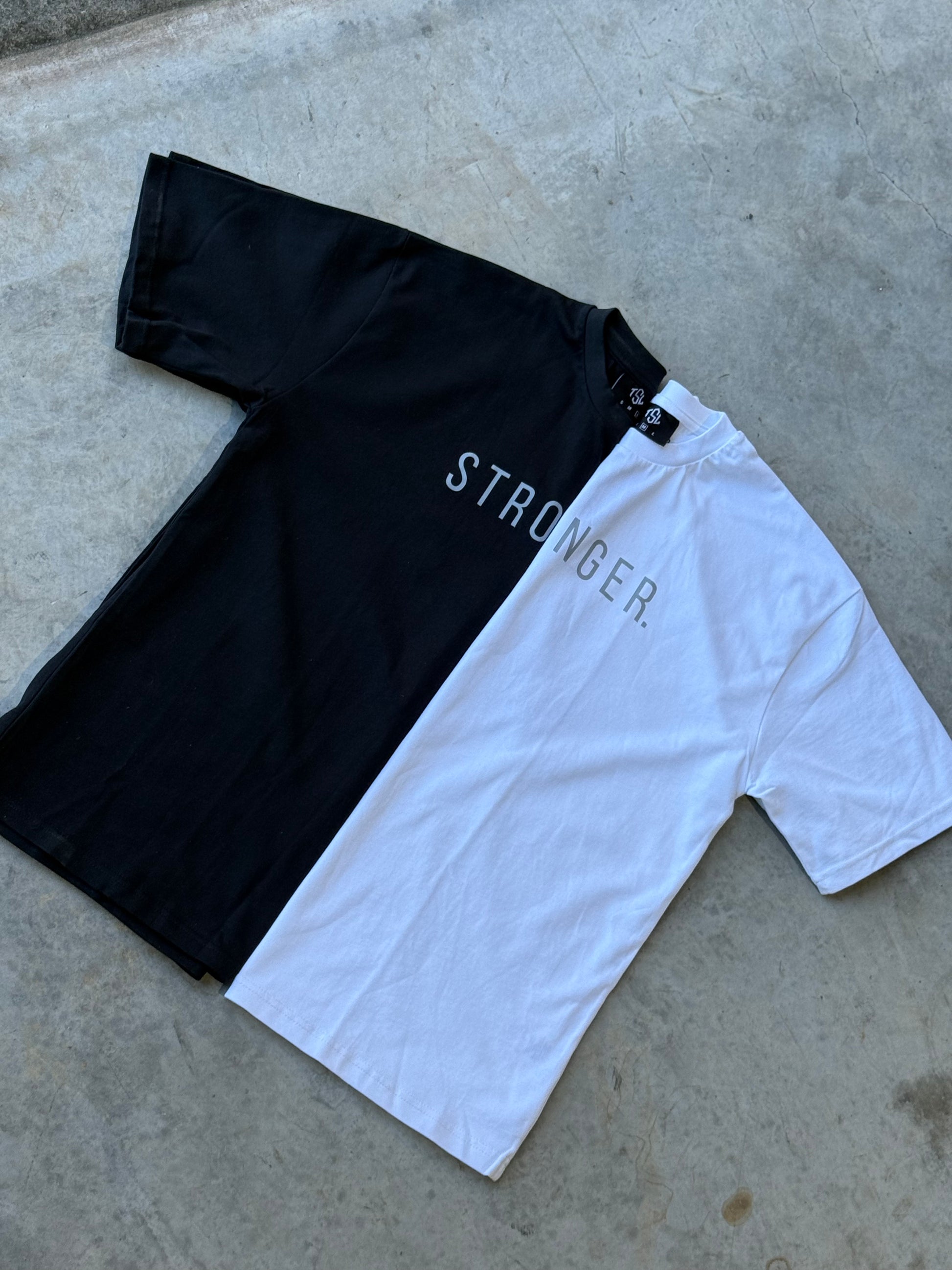 White And Black TSL Oversized Tee laid flat side by side – heavyweight cotton gym t-shirt in streetwear style from Australian activewear brand
